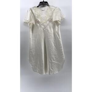 ETIENNE Women's White Satin V-Neck Floral Embroidered Lace-Trim Night Gown SZ M